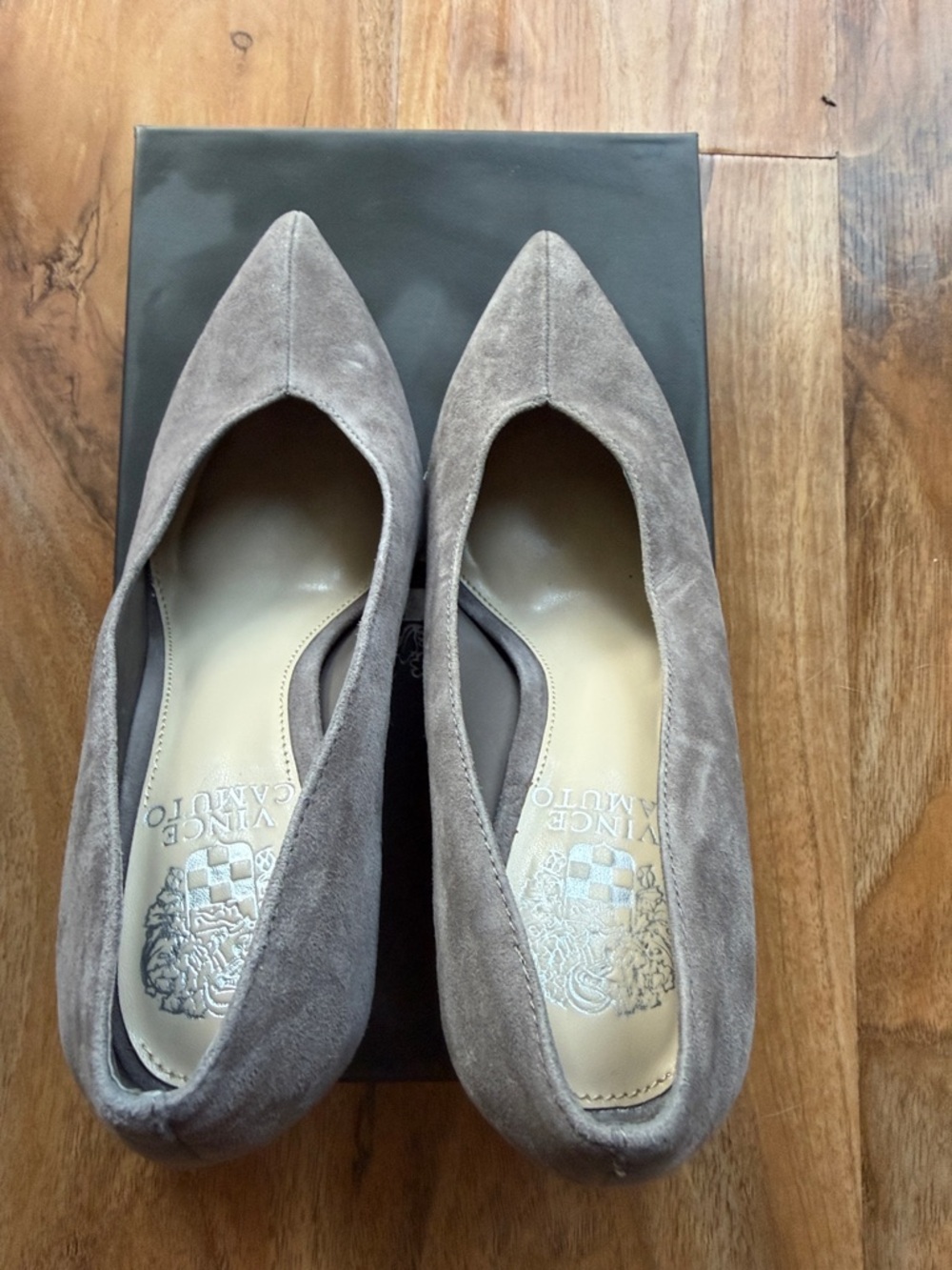 Vince Camuto Pointed-Toe Suede Pumps in Taupe Gray 3” . Store in original box